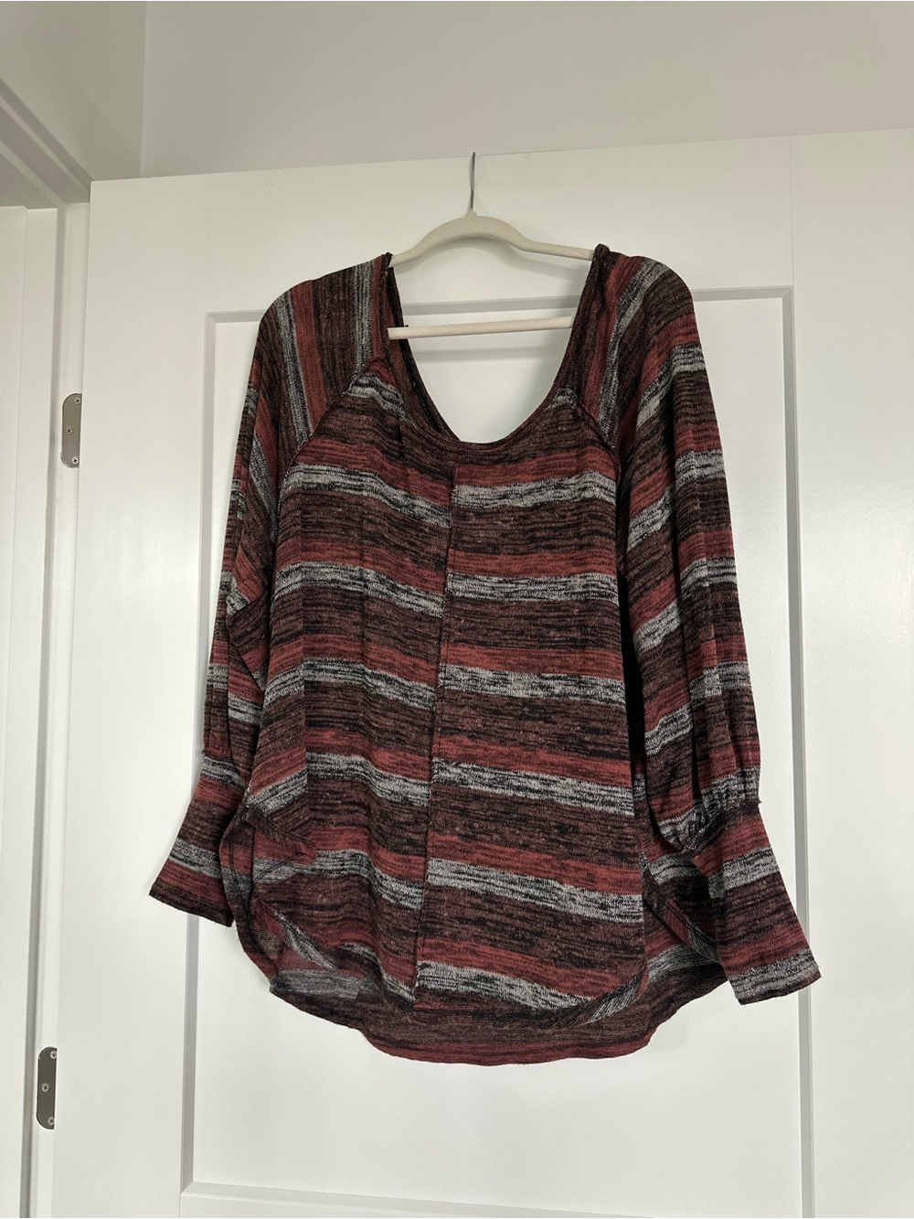 Free People Striped Long-Sleeve Scoop Neck Top in Maroon and Gray